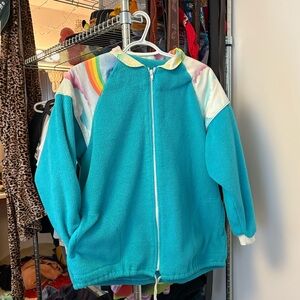 Vintage Teal Fleece Zip-Up Jacket with Rainbow Detail